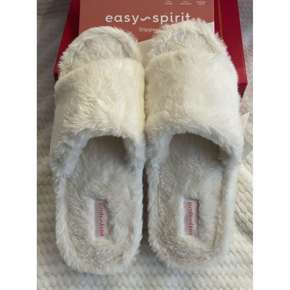 Women’s Slippers Size XL9.5-10.5 easy Spirit Faur fux white Open Toe